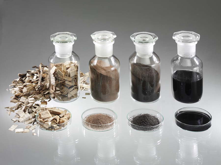 Lignin cascade (left to right) consisting of: beech wood, organosolv-lignin, solid carbons, breakdown products (oil and tar)