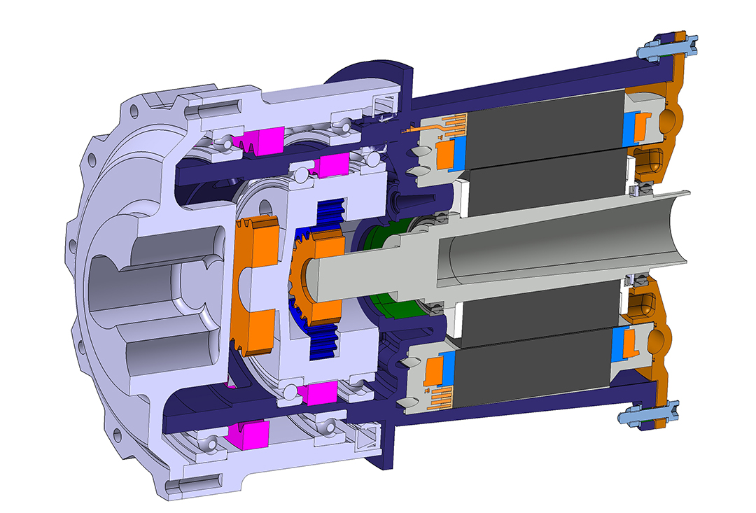 Schnittdarstellung der Lite<sub>2</sub>Duro-Elektromotor-Getriebe-Einheit Der Forschungstransfer aus dem Projekt Lite<sub>2</sub>Duro in die industrielle Anwendung wird an der Entwicklung einer Elektromotor-Getriebe-Einheit demonstriert.