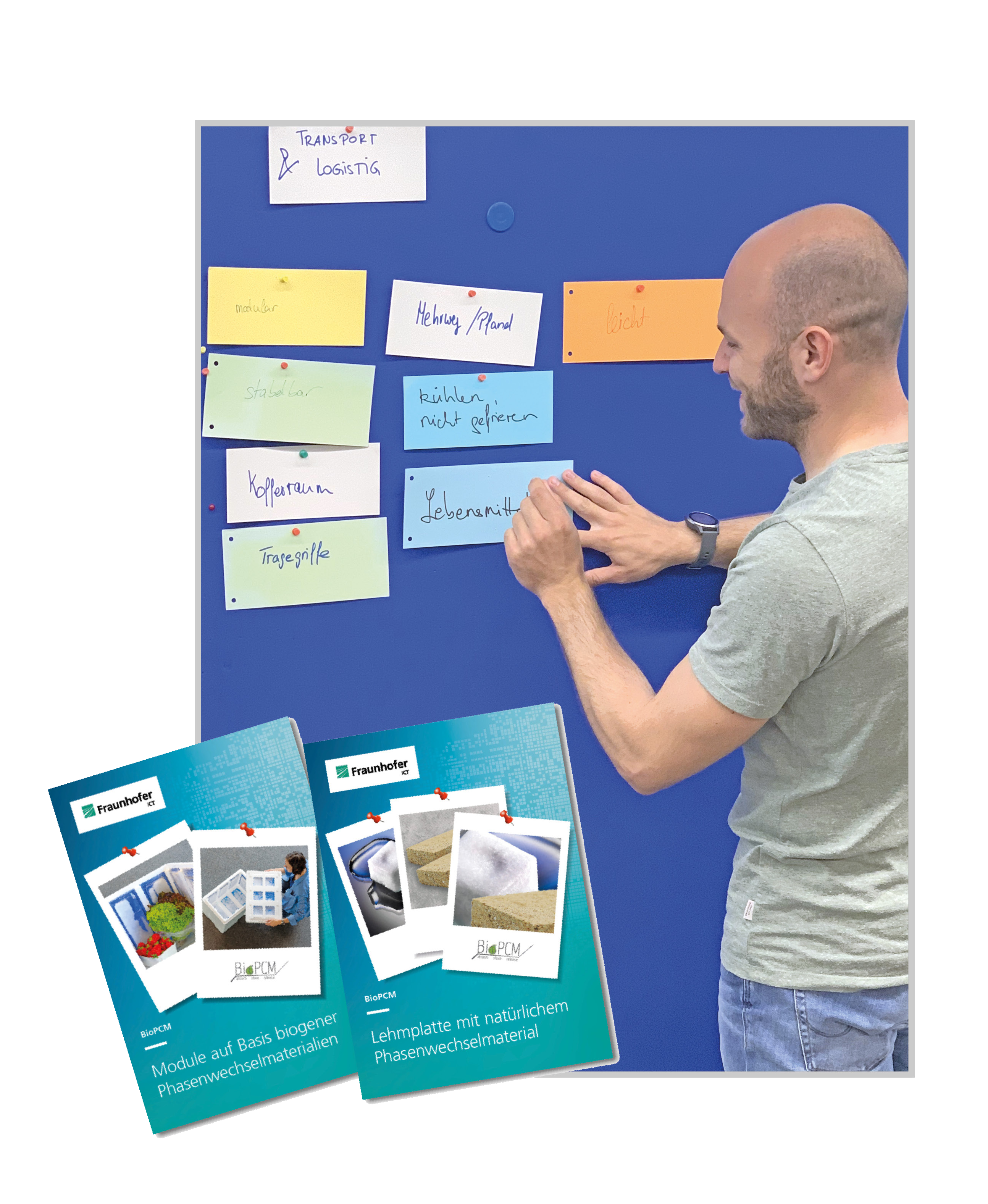 Design Thinking - Person an Pinnwand und Infokarten mit den BioPCM-Produkten