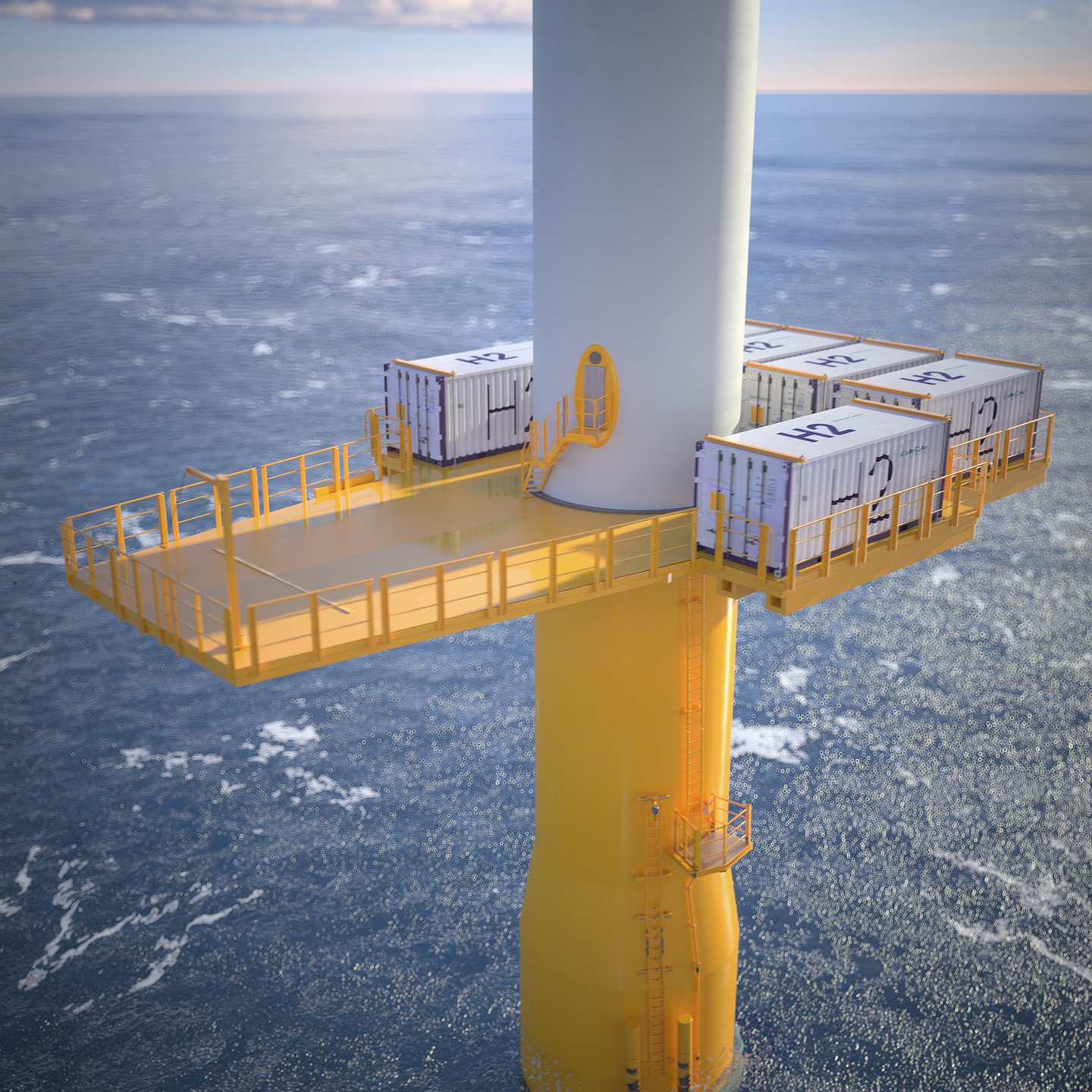 Modell der Plattform der Offshore-Windkraftanlage. Die Container enthalten die notwendige technische Infrastruktur zur Erzeugung des Wasserstoffes.