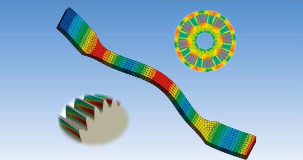 FEM-Simulation von Körperschall an diversen Bauteilen, farbliche Darstellung der Schallschnellen