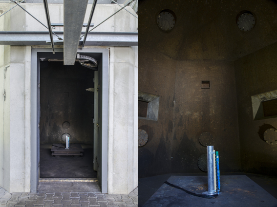 Explosive bunker; 44m³ closed bunker for explosive characterization (exterior and interior view)