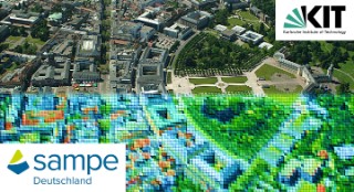 Aerial view of the city of Karlsruhe with the two logos of KIT - Karlsruhe Institute of Technology and Sampe Germany