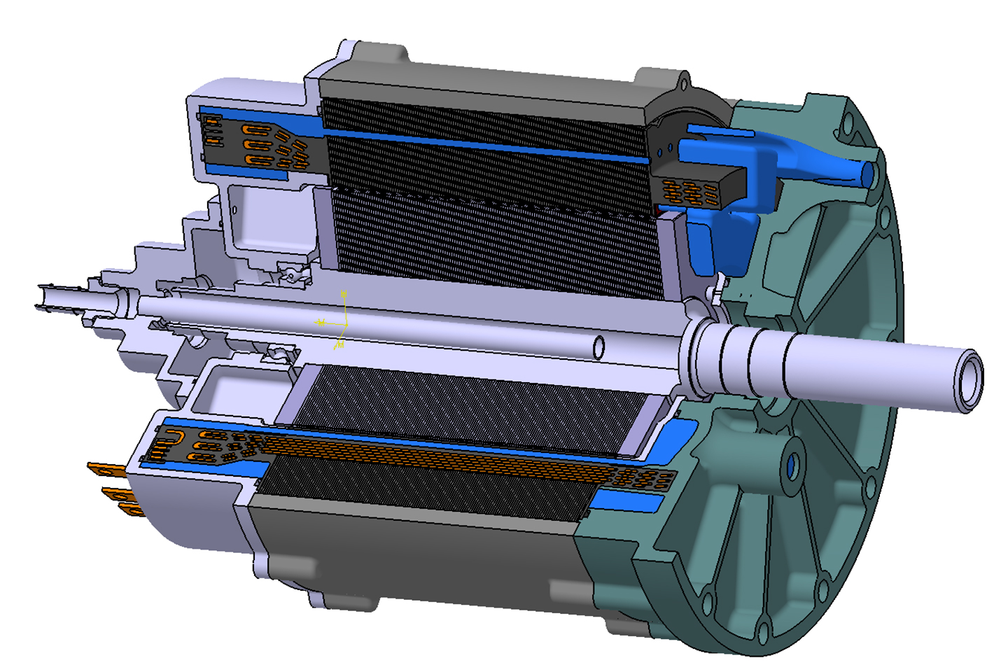 The section model shows the structure of the newly developed stator with integrated direct cooling from the PerKuel project.