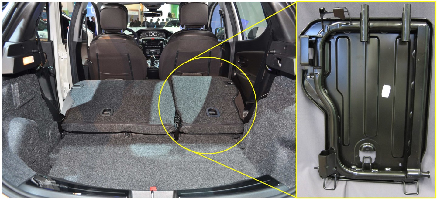 Current seat back, composed of a steel frame that supports a spot welded steel panel