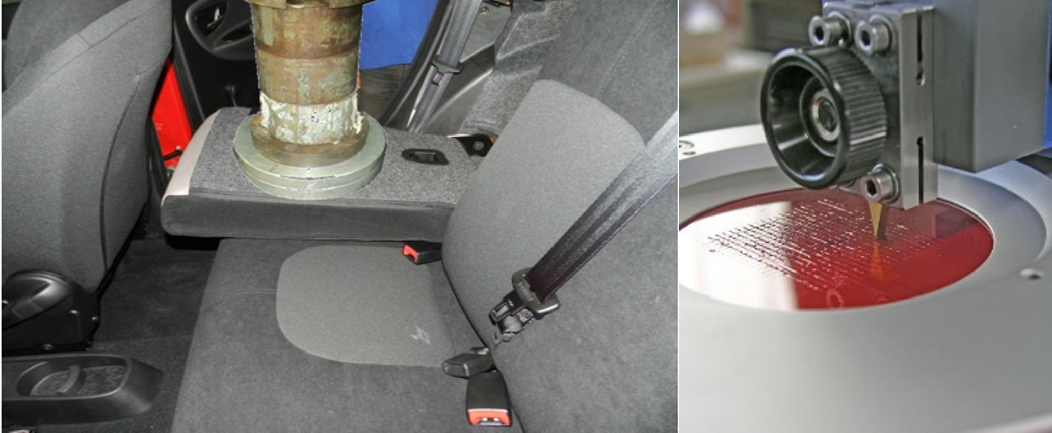 Experimental tests: overweight misuse (left), Erichsen scratch resistance (right)
