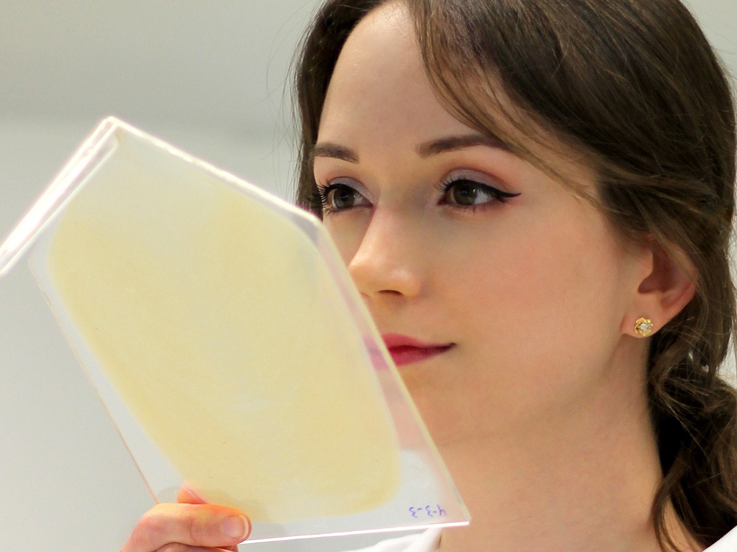 Sandwich specimen with a core of recyclate (brown) and a skin material without odor barrier additives during sensory evaluations Sandwich specimen with a core of recyclate (brown) and a skin material without odor barrier additives during sensory evaluations